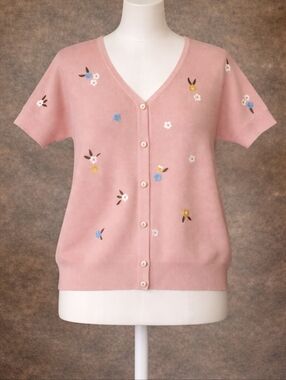 V-Neck Pink Floral Embroidered Button-Front Top